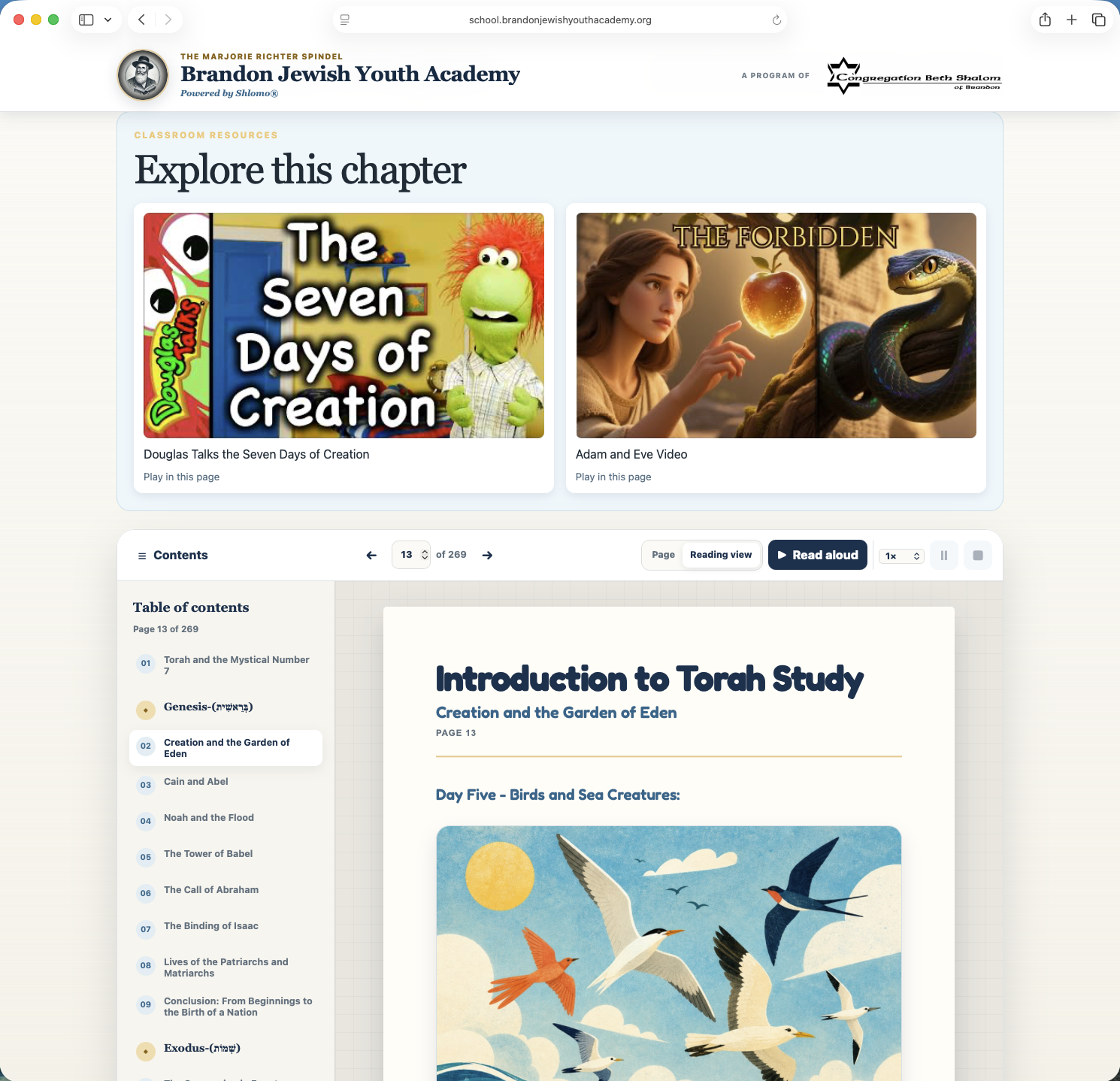 BJYA's digital Torah reader showing chapter navigation, read-aloud controls, and an illustrated page about birds and sea creatures.